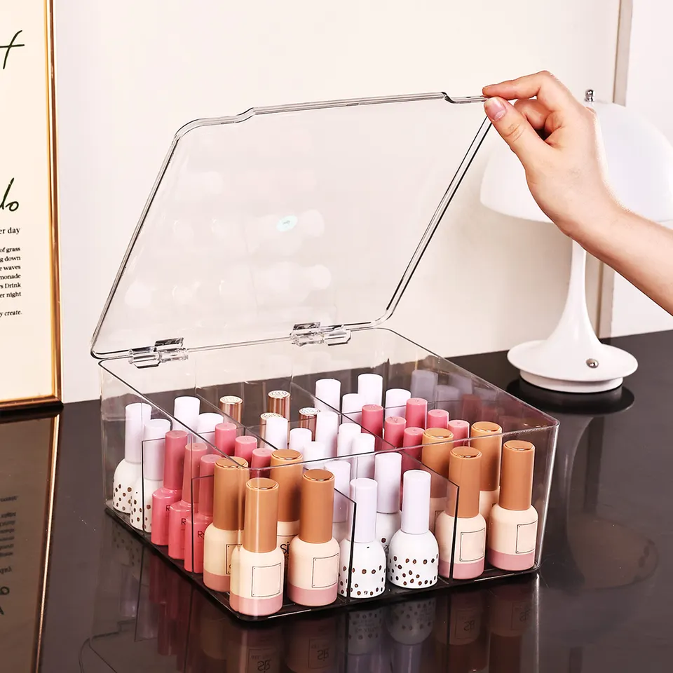 Transparente Aufbewahrungsbox für Nagellack – Klappdeckel, geeignet für Lippenstift, Parfüm, Essenz, großes Fassungsvermögen für 9 Fächer_voghion.com