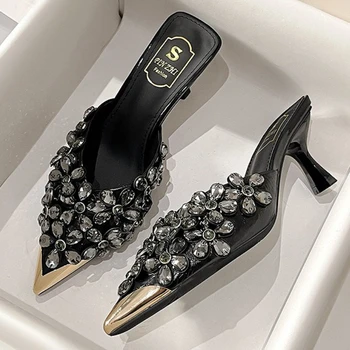 Luxury Rhinestones Pointed Toe Mules Pumps Women Slippers Summer New Fashion Slides Designer High Heeled Sandals Female Tacones 1