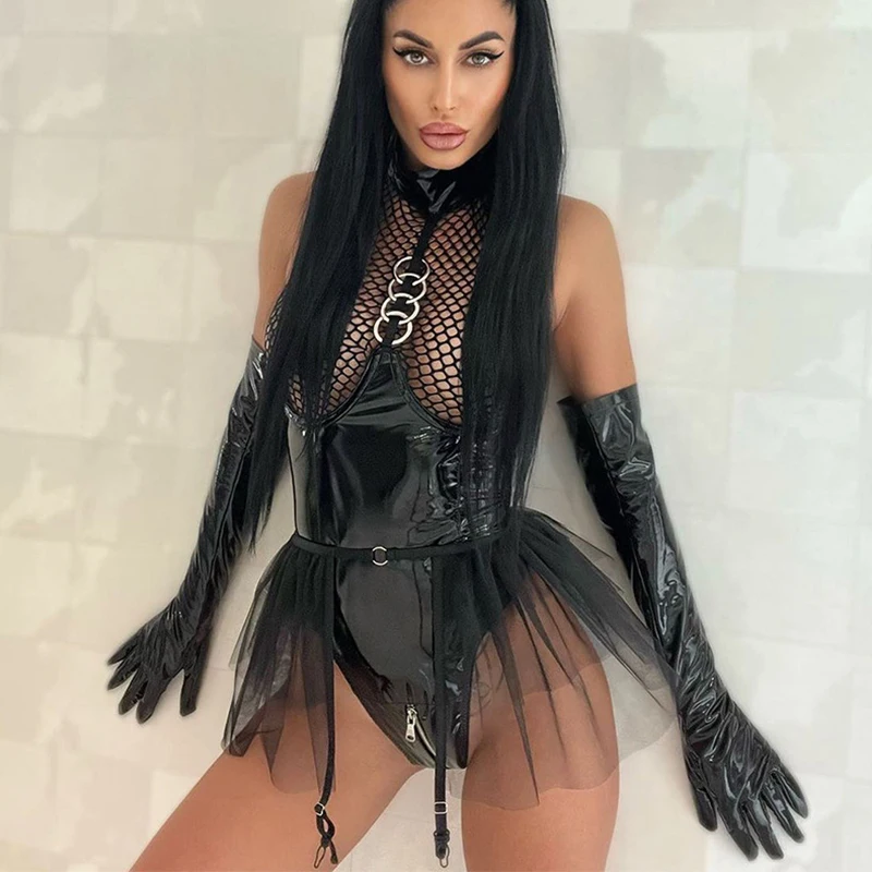 

2023 New Fishing Net Latex Bodysuit Ruffle Garters Halter Sexy Costume 2-Piece Sissy Zipper Open Crotch Leather Body Teddy Linge