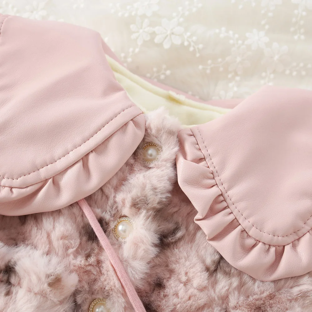 Winter New Girl's Coat Fluffy Sweet Cute Coat + Cross Bow Lace Fold Lapel Warm Thick Padded with Fashion Button