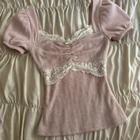 Hauts Y2K Grunge à manches courtes pour femmes, chemise estivale en dentelle patchwork, style coquette, tricot côtelé, coupe ajustée, vêtements esthétiques 5