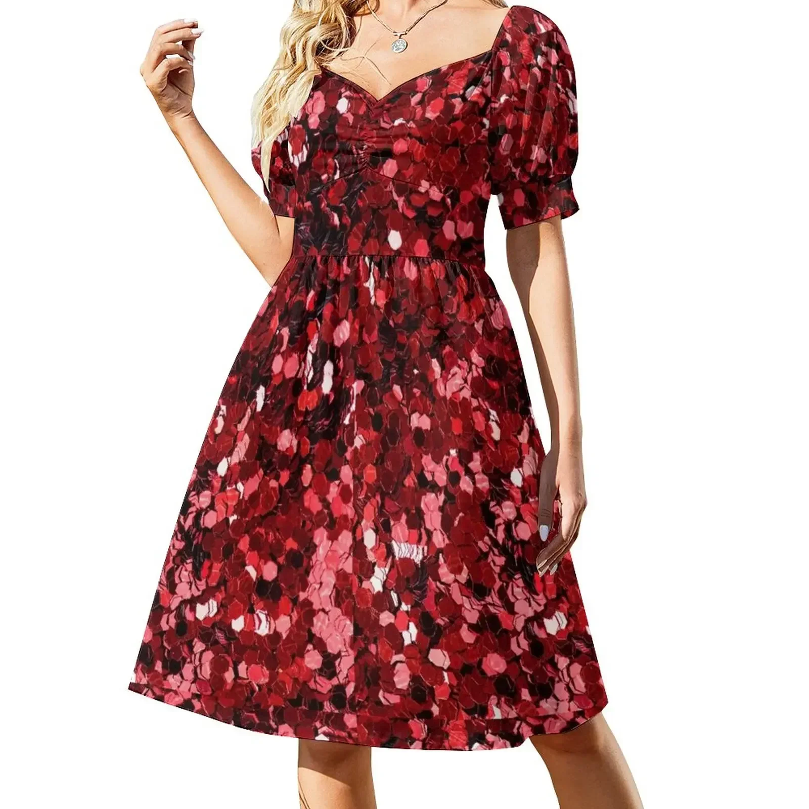 thumbnail image 1 of Vestido de fiesta rojo con confeti de manga corta, vestidos de cumpleaños para mujer, vestidos para mujer, vestidos para ocasiones oficiales, 1 of 7