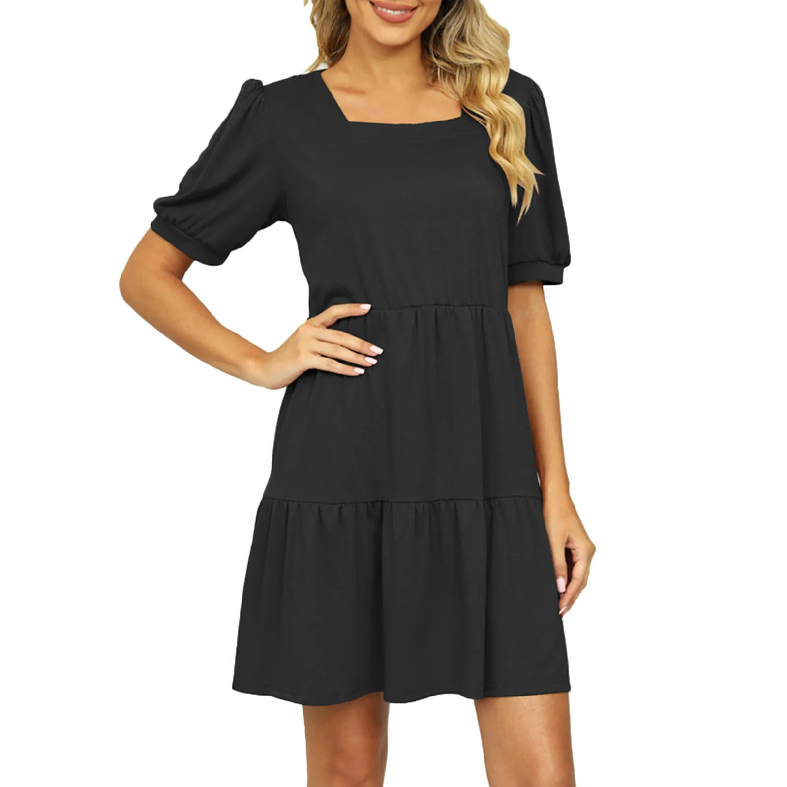 

Women's Fashionable Solid Color Square Neck Short Sleeved Loose Korean Fashion Clothing Elegant Sleeveless vestidos femenino