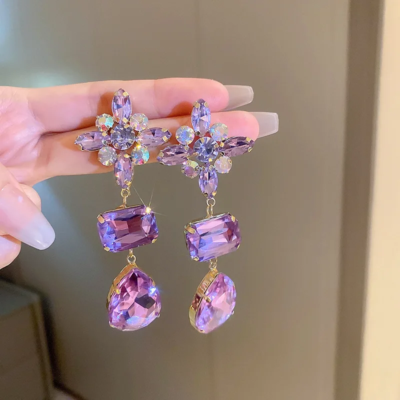 Crystal Earrings Purple Sparkly Earrings Korean New Luxury Jewelry