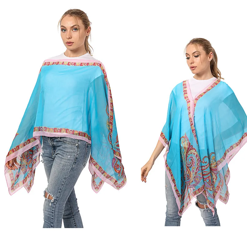 

Fashion Women Ponchos Capes Summer Sunshade Imitation Silk Button Shawl Sunscreen Shawl Gift Silk Scarf Shawl Cloak Blue