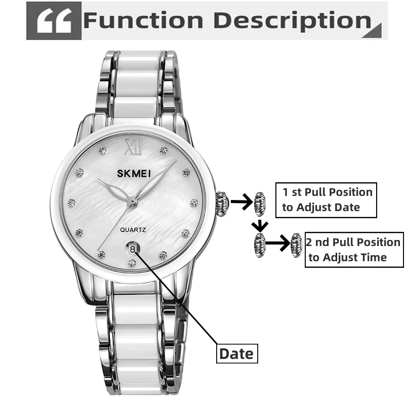 Skmei Womens Quartz Calendar Wristwatch Luxury Rhinestone Dial Zinc Alloy Band Analog Display Female Bracelet Waterproof Watches 2