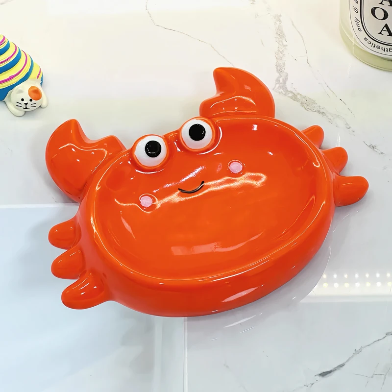 Ceramic Cute Soap Box Light luxury Cartoon Crab Shaped Soap Dish, Household Bathroom Kitchen Supplies Bathroom Storage Rack, 1Pc