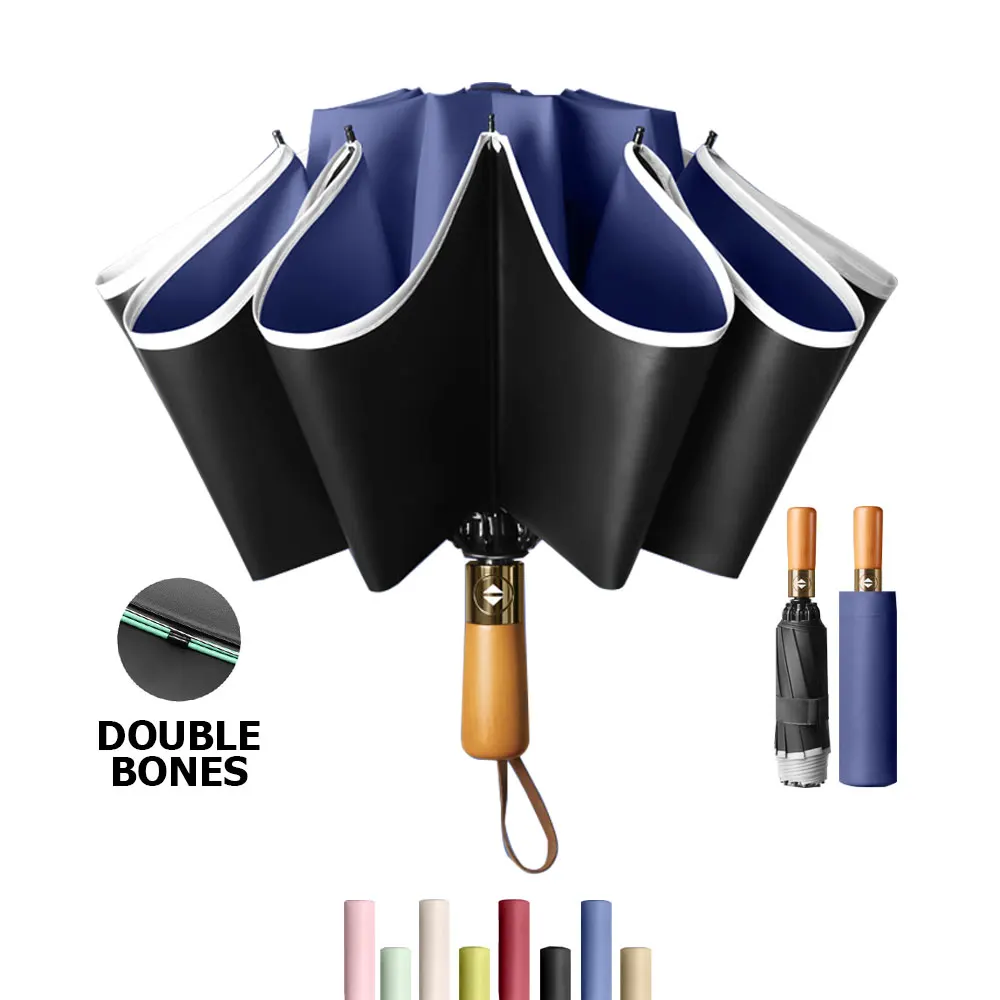 Luxury Travel UV Umbrella Wooden 10k Double Bones Reverse Reflective Strip Large Windproof Bussiness Compact For Men Women sun umbrella