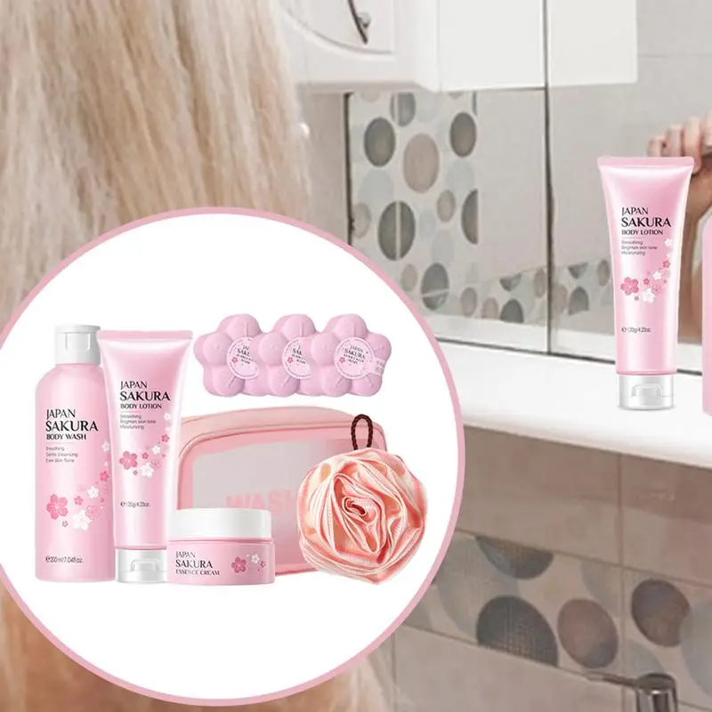 Cherry Bath Set Bath Travel Washing Set Body Moisturizing Includes Scrub Shower Gel Salt Puff Body lotion