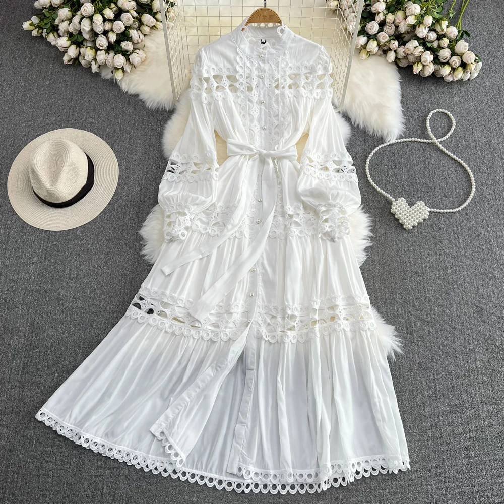 

Vintage Lace Patchwork Hollow Out Cotton White Dress Women's Lantern Sleeve Single Breasted Sashes Lace Embroidery Maxi Dress