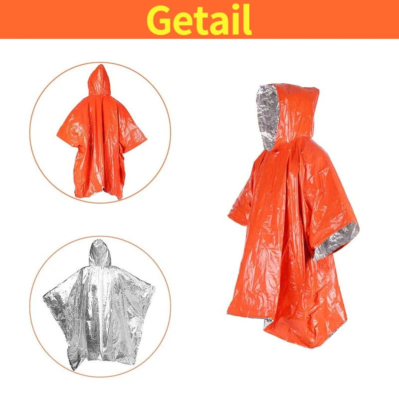 Raincoat Poncho Heat Reflective Thermal Raincoat Emergency Raincoats Poncho Waterproof Rainwear Hiking Survival Space Blanket Camping Equipment