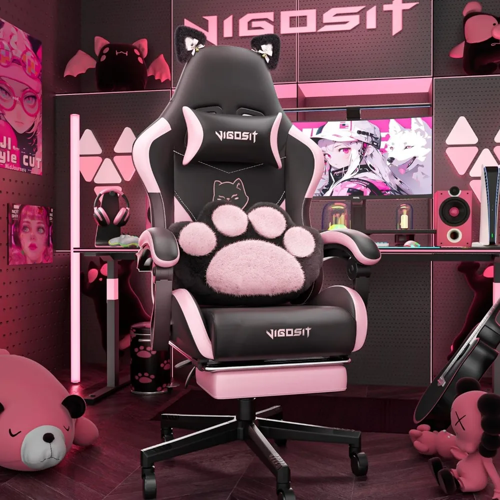 A black and plush gaming chair with cat ear design in a pink-themed gaming setup.