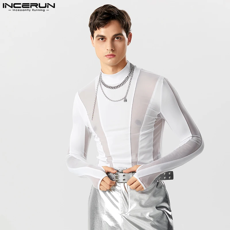 

INCERUN Sexy Stylish Style Men's Jumpsuits Splice See-through Mesh Bodysuit Casual Hot Selling Thimble Long Sleeve Rompers S-5XL