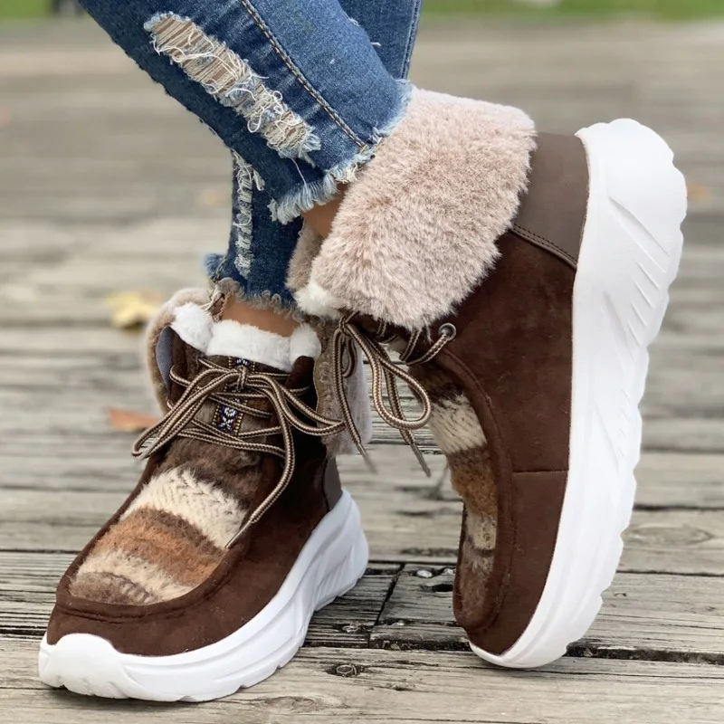 Nordic Style Woman Winter Wool Fleece Warm Boots Casual Lace Up Ankle Fur Shoes Ladies Outdoor Thick Plush High Top Sneakers