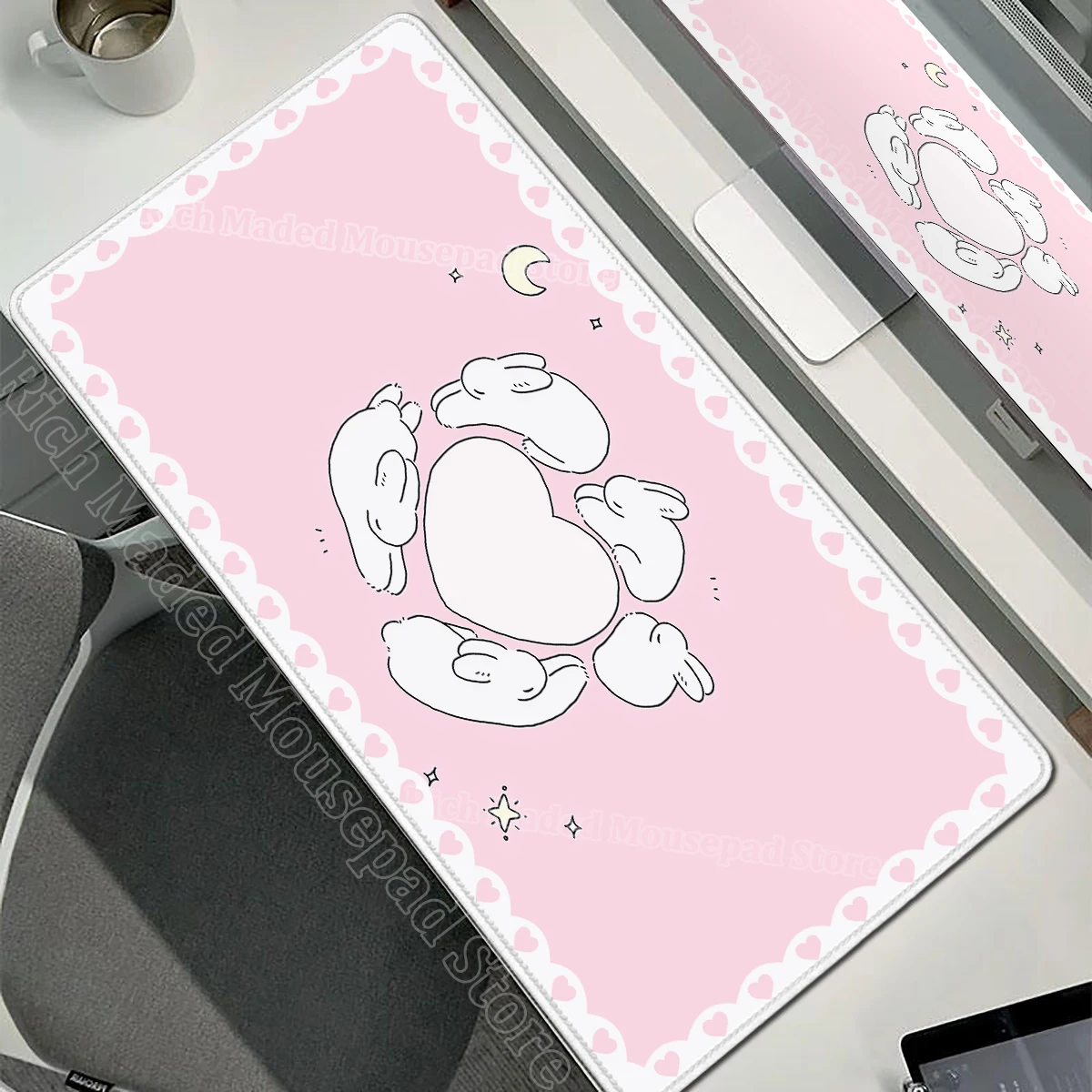 Pink Rabbit XXL Cute Love Gaming Mouse Pad - Non-Slip Soft Surface Desk Mat for Home and Office Decor