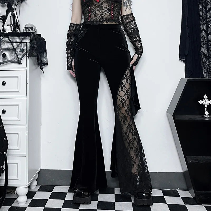 Women Goth Velvet Flare Pants Black Hollow Out Lace High Waist Bell Bottom  Trousers Sexy Gothic Boho Hippie Y2K Retro at  Women's Clothing store