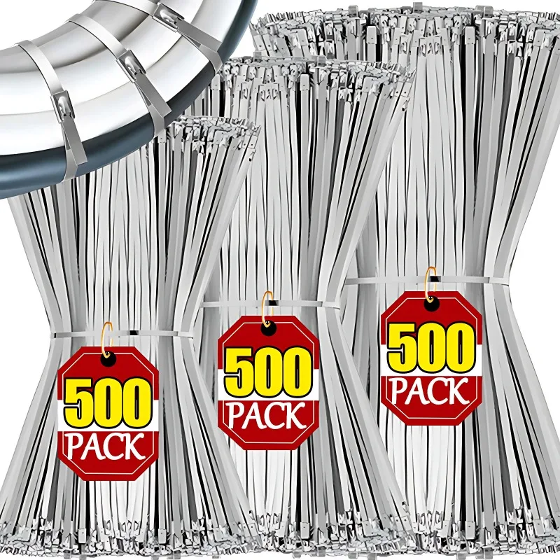 500/20Pcs Stainless Steel Cable Tie Reusable Self-locking Fastening Ring Metal Zip Ties Wire Cable Organizer Exhaust Wrap Straps