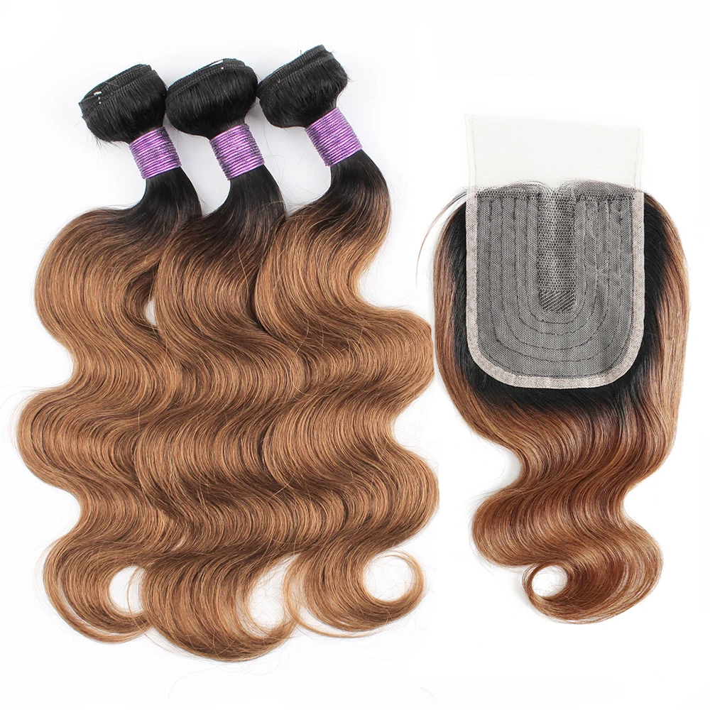 Human Hair Bundles 3 Bundles with Closure Transparent Lace Middle Part 200g/set Body Wave Ombre Honey Blonde Brown Remy Human Hair Weave Bobbi human hair bundles