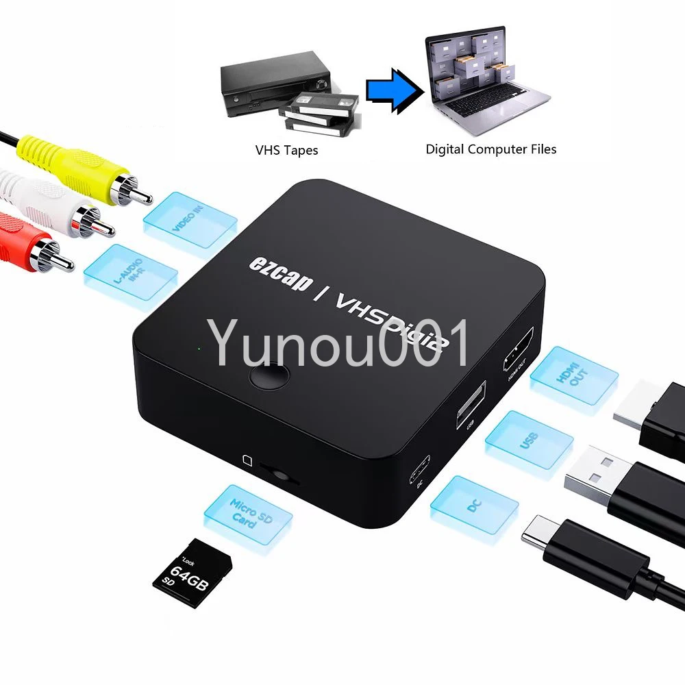 Videoregistratore Analogico Acquisizione Av Convertitore Vhs A Digitale Nastri Video Trasferimenti In Formato Digitale A Usb /Sd Per Hi8,Dvd,Vcr,Dvr