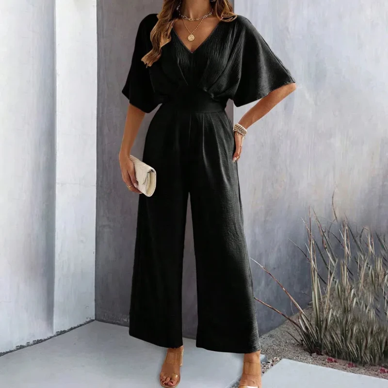 Spring and Summer Women's Short Sleeved Solid Color Casual Wide Leg ...