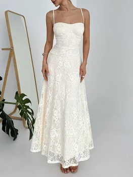 Elegante Abito Lungo in Pizzo da Donna, Nuovo Stile Estivo, Romantico Francese, con Cintura, Linea ad A, Senza Spalline, Stile Street Chic