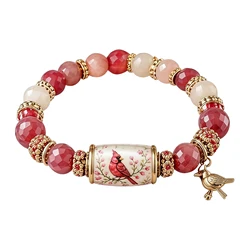 Vibrant Gemstone Beaded Inspirational Charm Bracelet (Pink Bird)