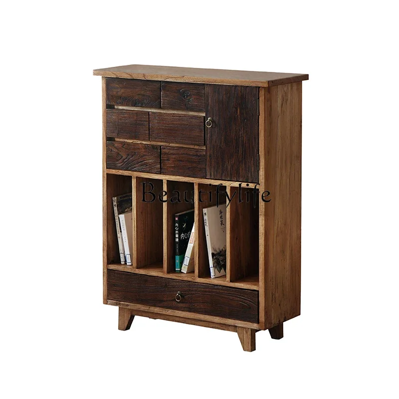 

Sili Style Solid Wood Side Cabinet Storage Cabinet Old Wood Narrow Cabinet Club Retro Entrance Storage Display