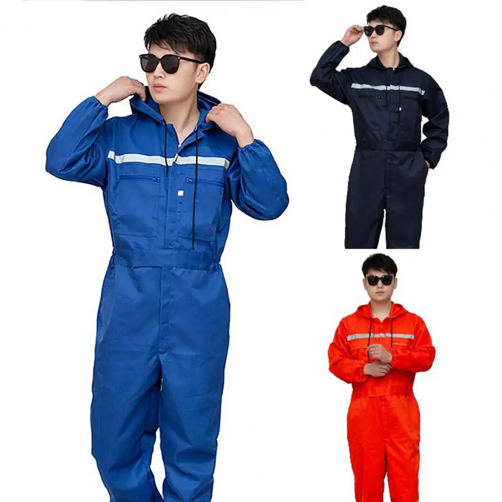 

Unisex Workwear Reflective Zipper Pockets Unisex Work Overalls Safety Worker Coveralls for Auto Repairmen Jumpsuit with Hooded