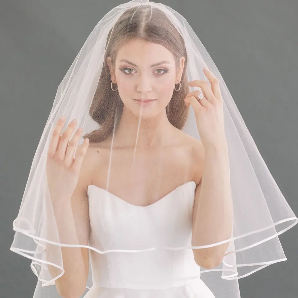 WHITE VEIL セット TOPQUEEN V97 Bridal Veils 2 Tier Wedding Veil With Ribbon