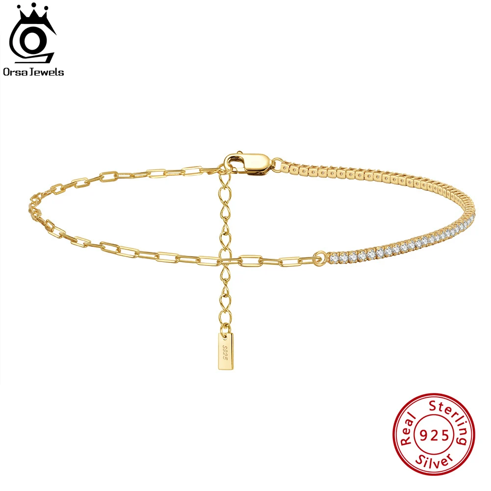 Anklet Bracelets Silver Anklets Ankle Chain ORSA JEWELS Tennis&Paper Clip Chain 925 Silver Women's Summer Foot Chain Bracelet Fashion Ankle Straps Jewelry SA21