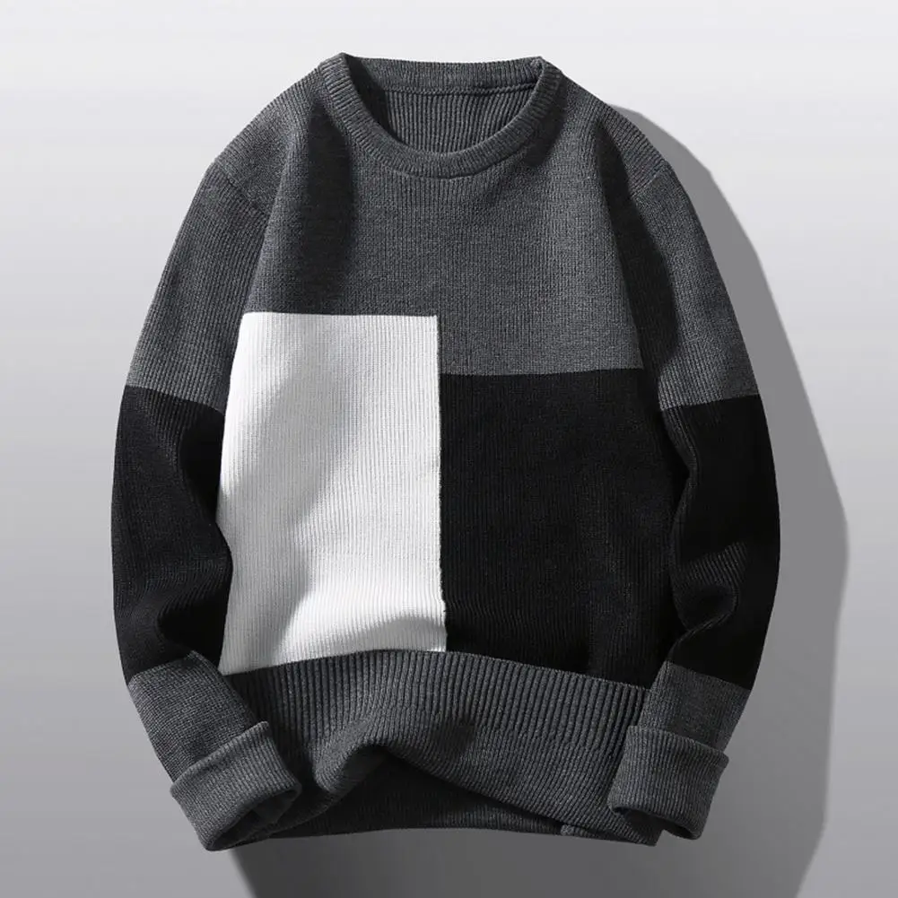 

Long Sleeve Sweater Cozy Men's Colorblock Knitted Sweater Thick Warm Stylish Fall/winter Pullover with Patchwork for Layering