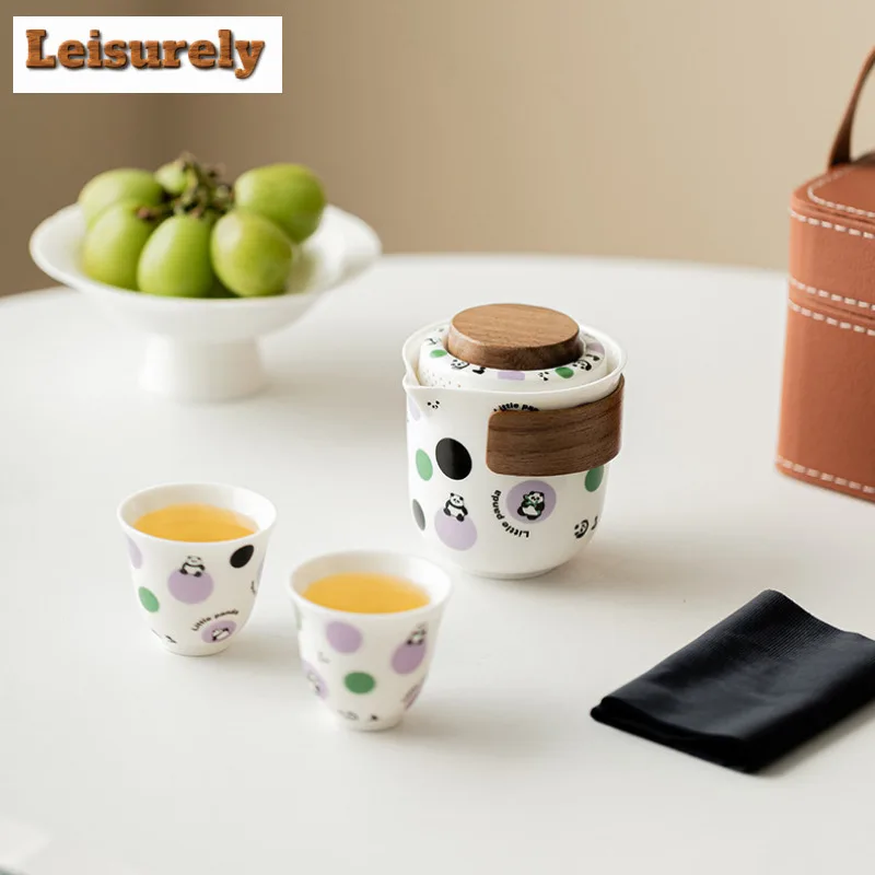 Cute Panda Travel Tea Set Kit Aesthetic Set of Cups 1 Pot 2 Cups Tea Making Organizer Portable Outdoor Stock Bags Supplies Gift