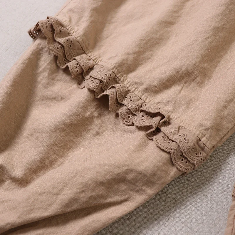 100% Cotton Linen Female Vintage Victorian Loose Bloomers Pants Prairie Old Time Retro Mori Girl Ruffled Lace Lolita Pantaloons
