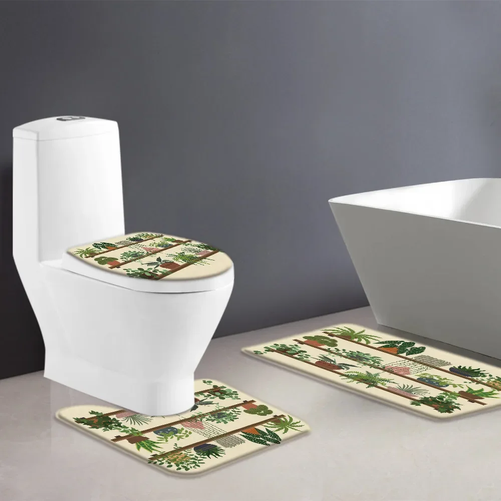 Watercolor Cactus Bathroom Sets Green Potted Plant Shower Curtain Non-Slip Rug Colorful Bohemian Toilet Lid Cover Bath Mat Home 3