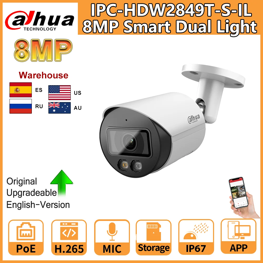 

Dahua 8MP IP Camera Bullet Security Ful-Color 4K Smart Dual Light PoE IPC-HFW2849S-S-IL Built-in Mic Video Surveillance WizSense