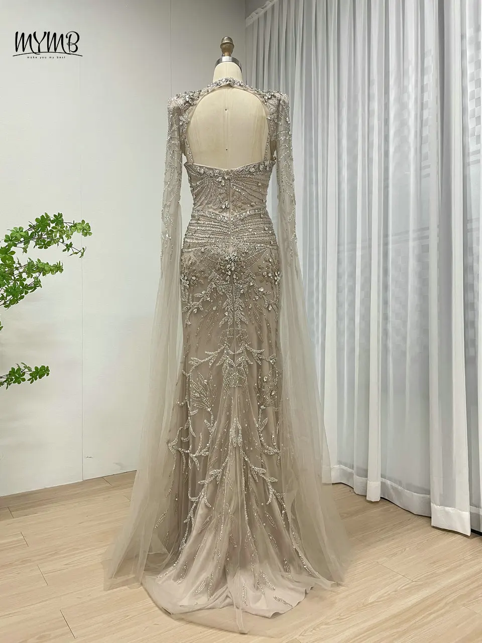 MYMB Neuankömmling Atemberaubendes Meerjungfrau-Abendkleid mit Perlen und abnehmbaren Cape-Ärmeln, luxuriöses Slip-Etui, formelles Partykleid MB40236-2 – Detail 13