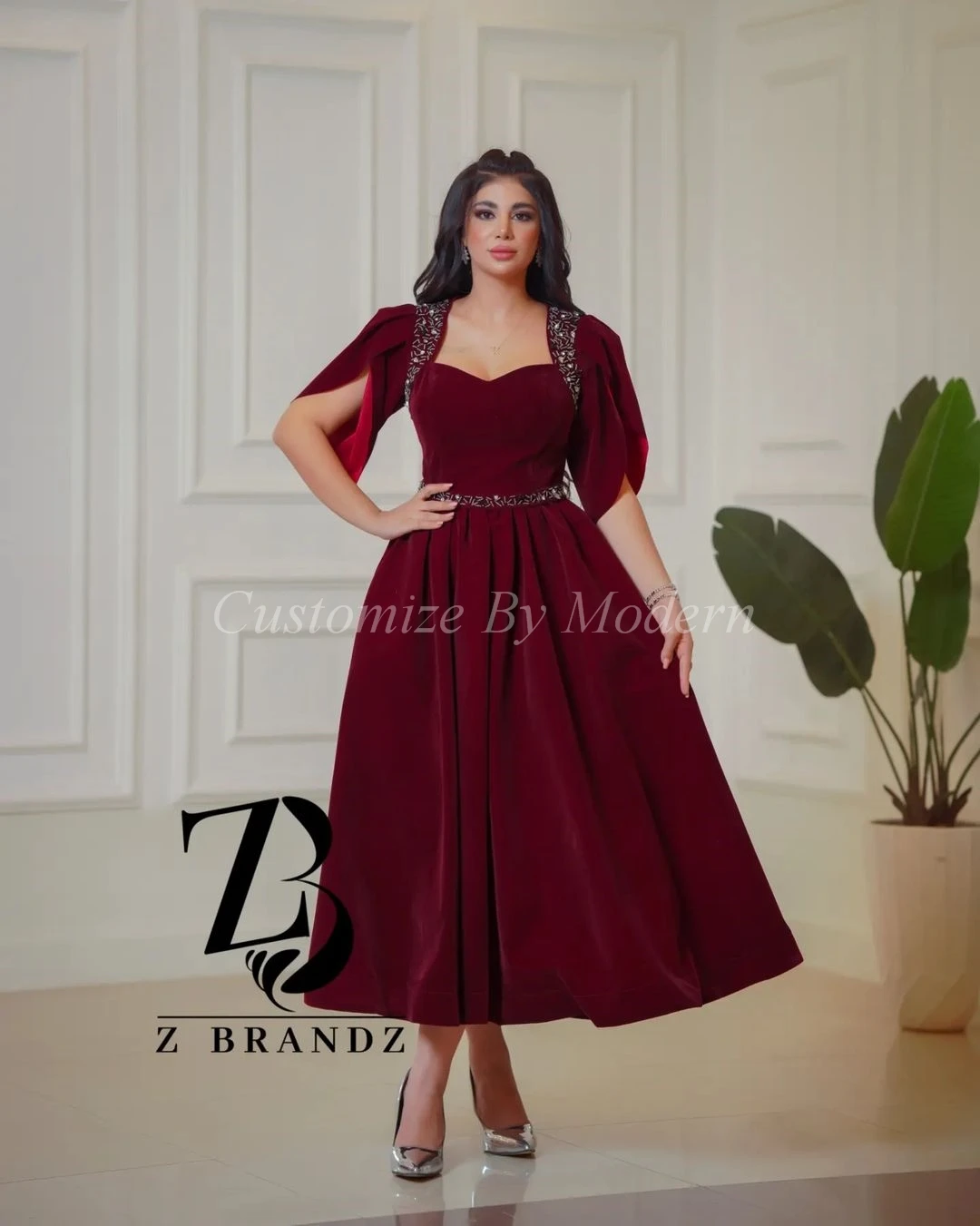 

Dark Red Short Sleeves Prom Dresses A-Line Sweetheart Beadings Ankle Length Saudi Arabic Women Eveing Gowns Formal Party