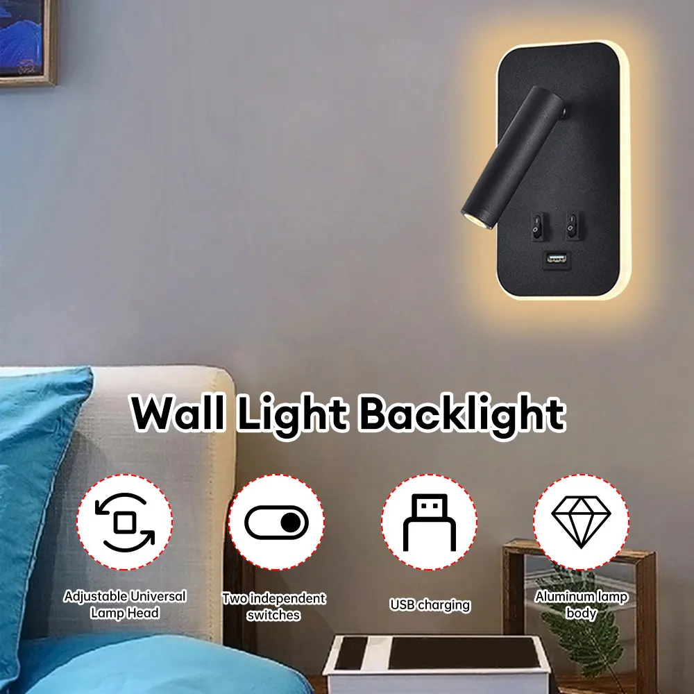 3W 10W Wall Light Backlight 350 Degree Rotation Adjustable Wall Lamp with Switch and USB Port Sconce Wall Light for Bedroom