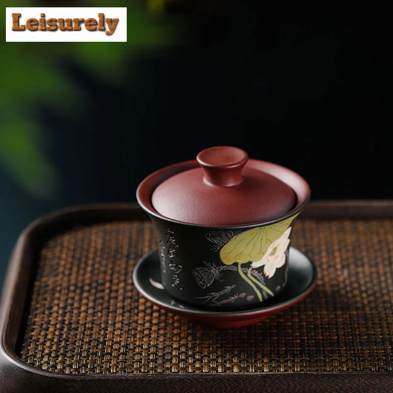 200ml Yixing Purple Clay Gaiwan Famous Mud-painted Lotus Tea Tureen Beauty Tea Infuser Cover Bowl Chinese Handmade Zisha Set