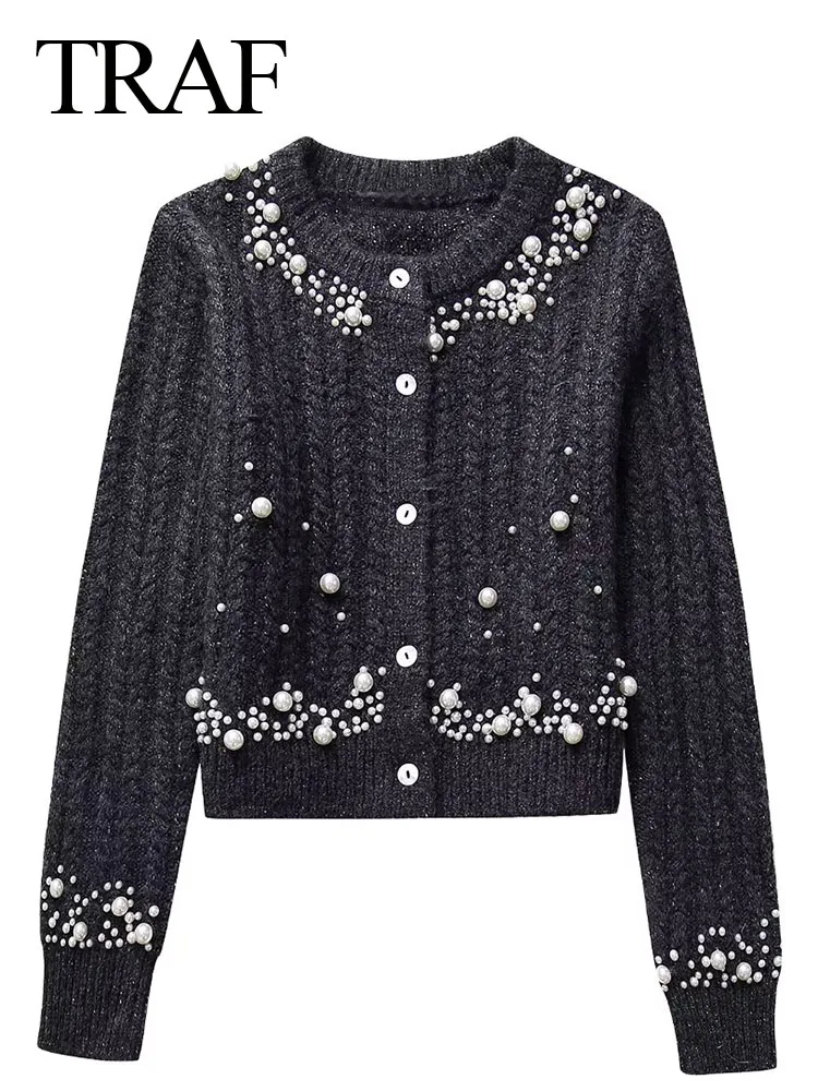 

TRAF Spring Women's Chic Sweet Imitation Pearl Decoration Sweater Cardigan Vintage Female Single Breasted Knit Slim Overcoat