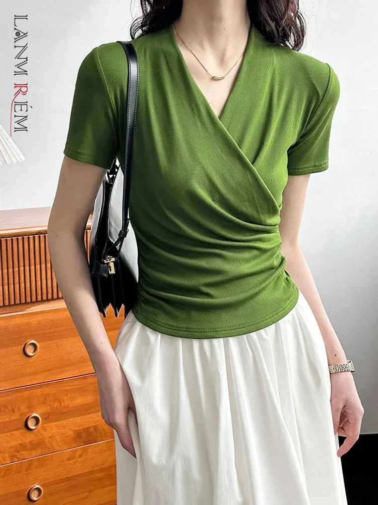 

[LANMREM] Bandage Gathered Waist Short Sleeve T-shirt For Women V Neck Office Lady Fashion Solid Tops 2024 Summer New 26D9142