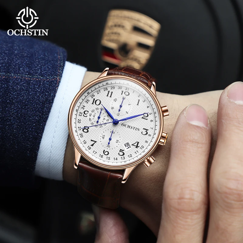 OCHSTIN Male Quartz Watch Luxury Design Auto Date Analog Chronograph Wristwatch for Men Leather Band 3bar Waterproof Wrist Clock