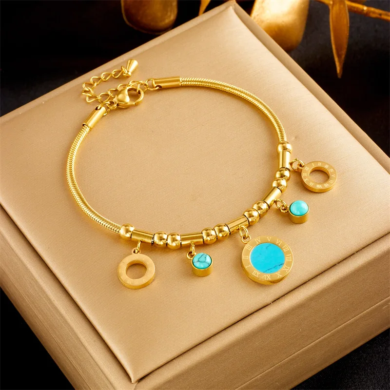 316L Stainless Steel Hollow Round Turquoise Pendant Chain Roman