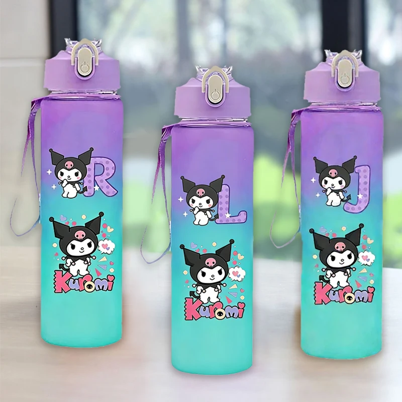 750ml Kuromi Kids Gradient Water Bottle Kawaii Cute Letter A-Z Girl Plastic Cup Outdoor Sport Drop-Resistant Drinking Bottles