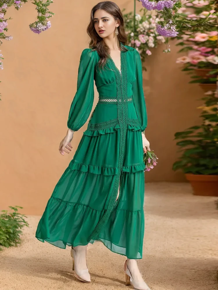 

High Quality 2024 New Women's Spring Summer Hollow Out Sexy Fashion Green Rose Red Pretty Sunscreen V-Neck Long Sleeved Dress