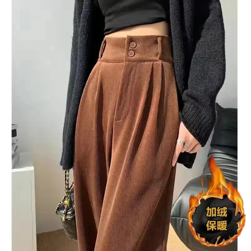Fleece Wide Leg Pants Women Corduroy Straight Leg Pants Autumn Winter Trouser Streetwear High Waist Loose Korean Chic Clothes