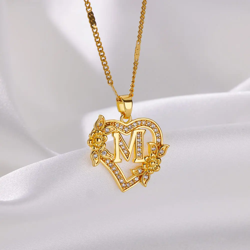 Zircon Flower Heart Initials Letter Necklaces For Women