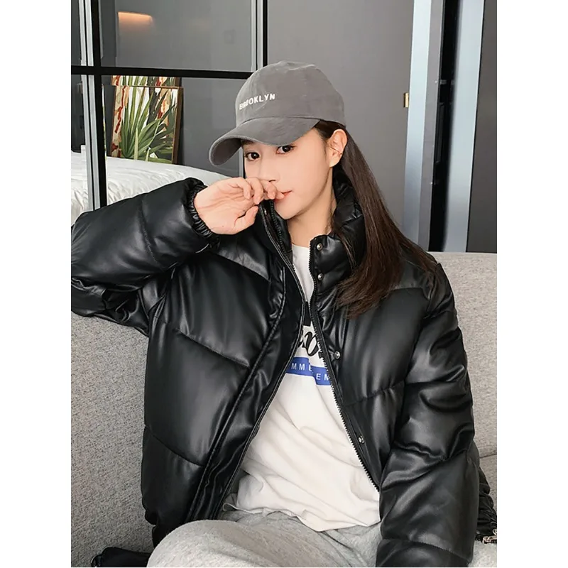 2003 Fashion Black Cotton Padded Lady Down Jacket Winter Warm Thick PU Leather Coats Women Short Parkas Elegant Zipper Clothes