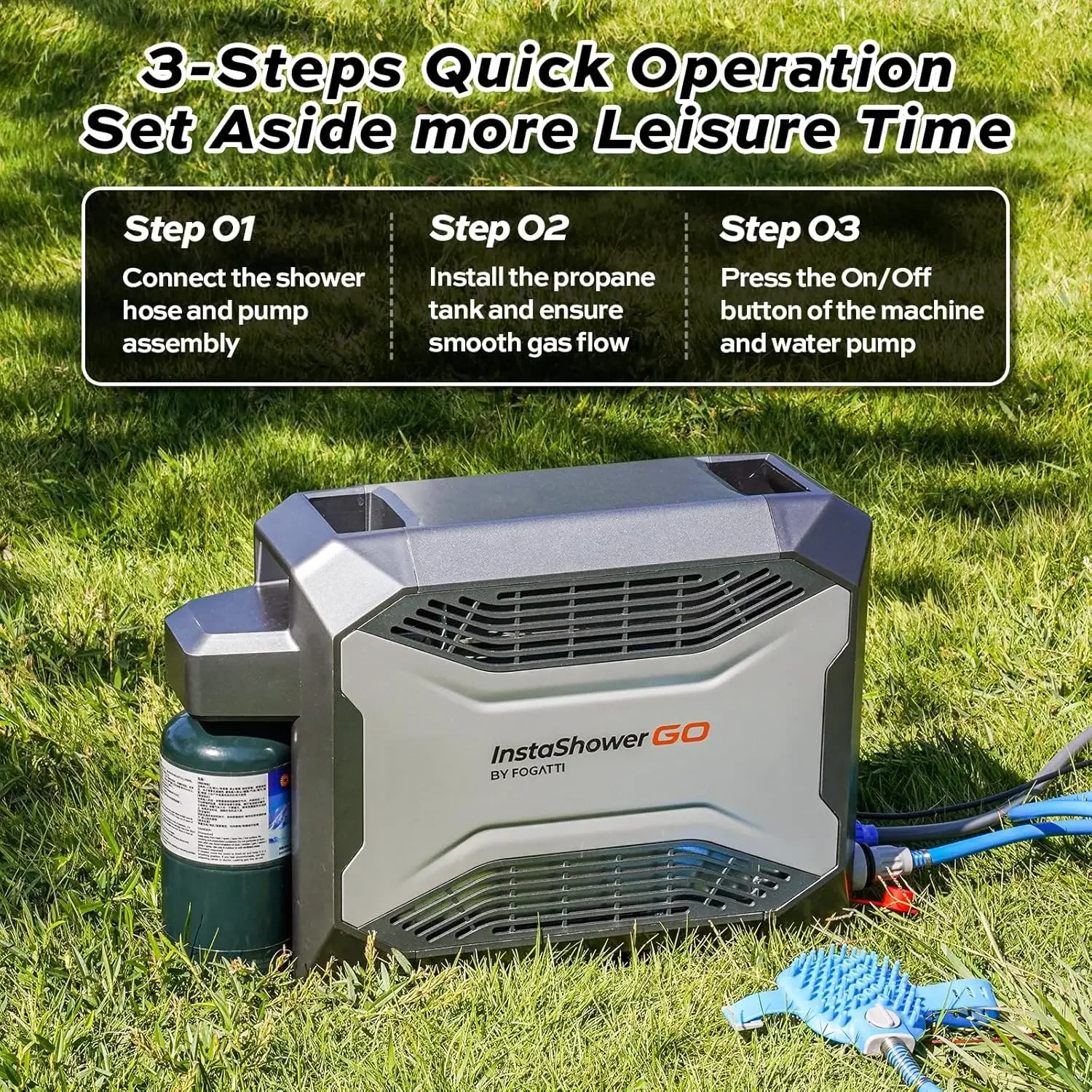 Gas Water Heater, InstaShower GO, Propane, 19,000 BTU, with 5000mAh Rechargeable Built-in Battery, DC 12V, Outd