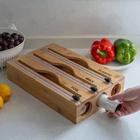 1pc Storage Box,3 In 1 Bamboo Wrap Organizer With Cutter And Labels,Aluminum Foil Film Storage Dispenser,For Kitchen Drawer 6